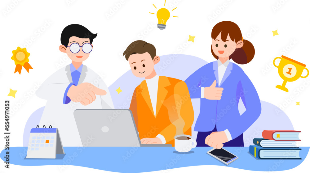 Team working on a project in the office with elements. Group of people working to success.Vector illustration.Business Team  discussing ideas, Presentations and project