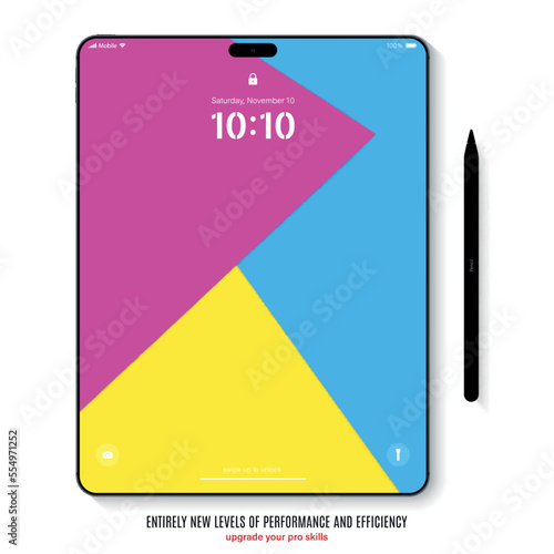 new frameless tablet grey color with colored screen and stylus top view on white background. flat lay mockup of realistic devices with shadow front view. vector illustration