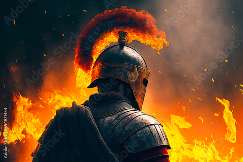 Roman soldier, back turned, fire, flames. Generative AI photo