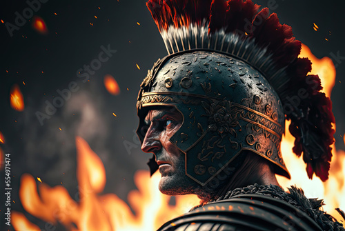 Fotografiet Roman soldier, portrait, fire, flames. Generative AI