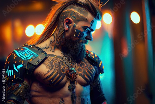 cyberpunk Viking with runes tattoos
