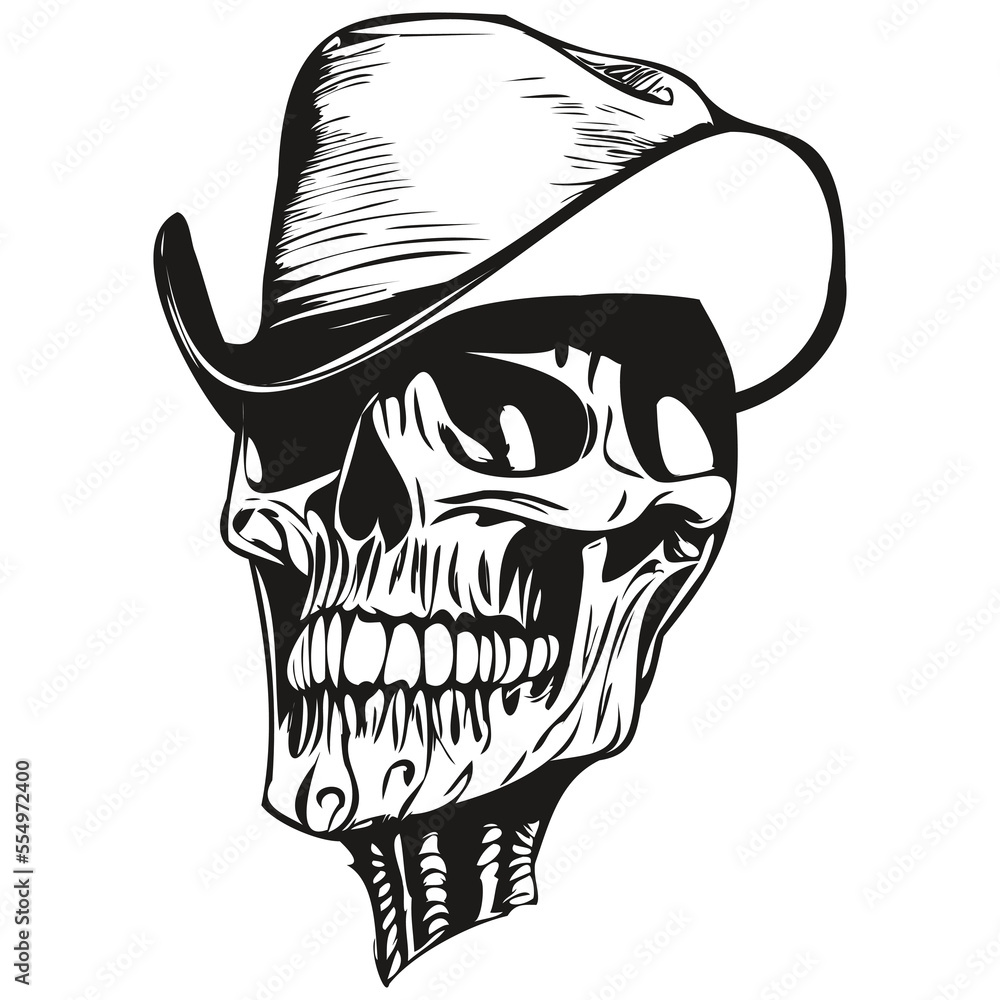 cowboy skulls hand drawing, skeleton skull with cowboy hat black and ...