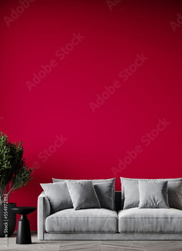 Rich living room in trend 2023 year color panton. Viva magenta walls, lounge furniture - gray sofa. Empty space for art or picture. Modern interior design. Mockup lounge or reception hall. 3d render © Viktoriia