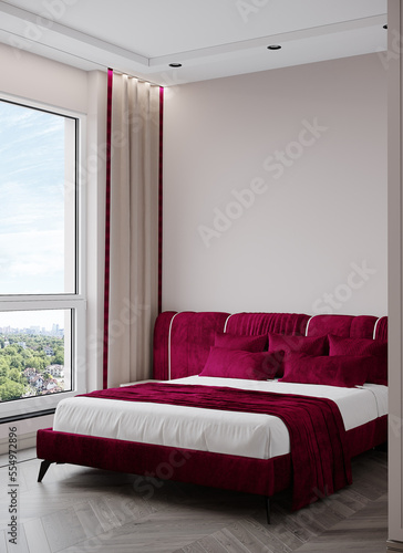 Bedroom in light beige and viva magenta color trend 2023 year panton bright furniture bed. Modern luxury rich room interior home design. Empty painting wall for art. Classical style. 3d render  photo