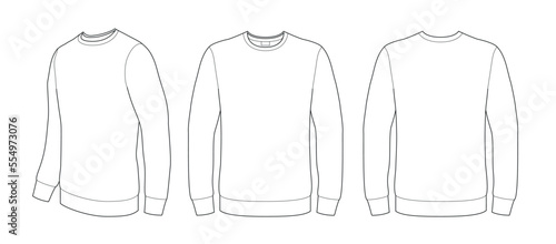 Technical sketch Men's white blank long sleeve shirt sweatshirt template (front-face, back and side-full face angle) vector isolated on white  background mock up shape for your print design.  