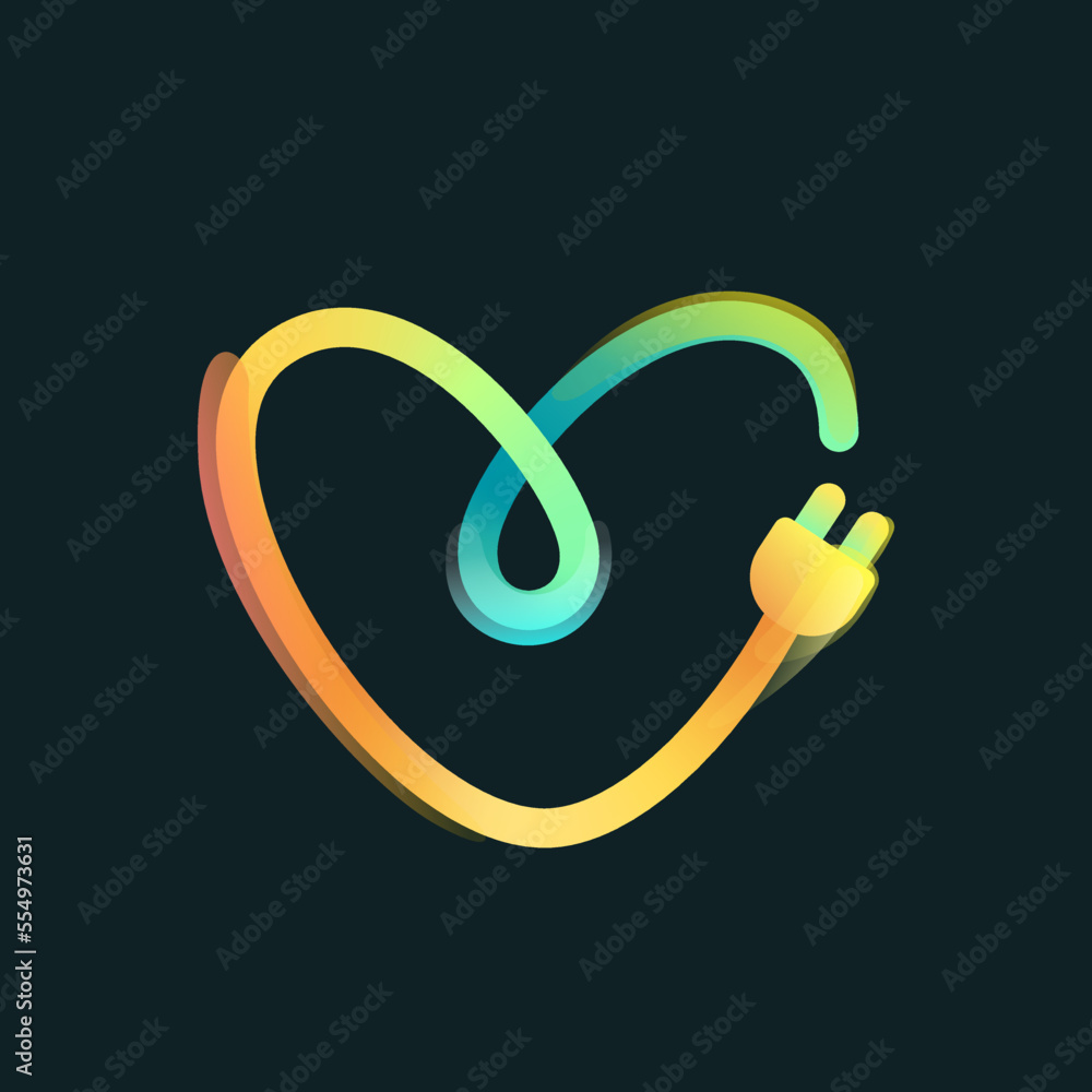 Letter V logo made of curved vivid gradient line with plug icon and rainbow shine. Letter V logo made of curved vivid gradient line with plug icon and rainbow shine.