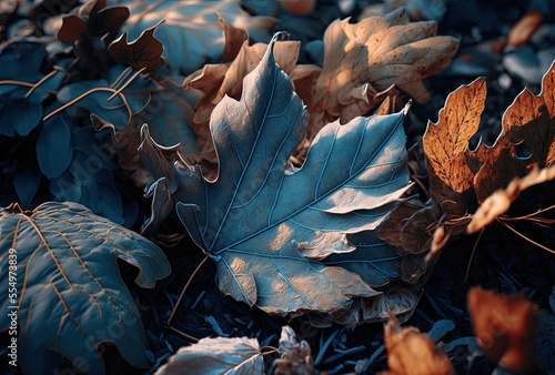 illustration of close-up dry leaves on ground in brown, blue grey tone color of winter