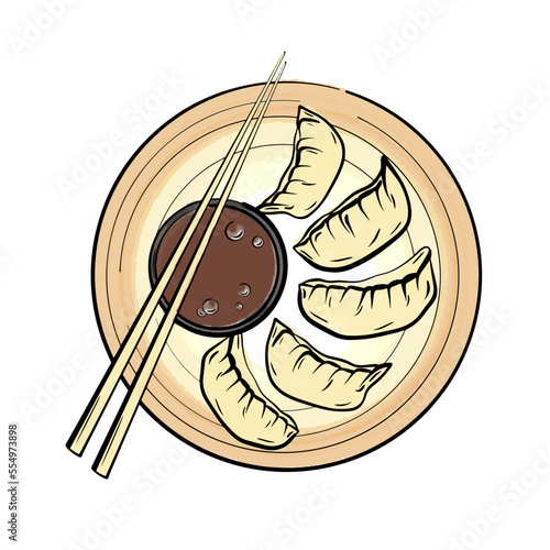 Dumplings pot sticker chinese food. Asian cuisine. Flatlay vector illustration