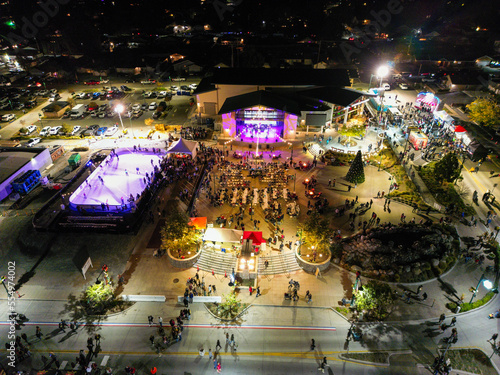 An Aerial Drone UAV The Town of Yucaipa, California, Celebrating Winter and Christmas in the Uptown District at Night photo