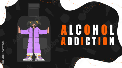 Banner Treatment for alcohol addiction. Woman inside the bottle.