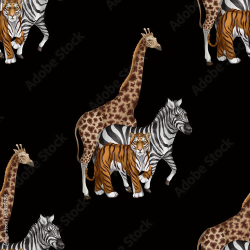 Seamless pattern with tiger  zebra and giraffe. Vector.