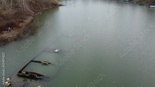 Relitto della seconda guerra mondiale sul fiume Po - vista aerea con Drone (UAS) - Gualtieri, Emilia Romagna photo