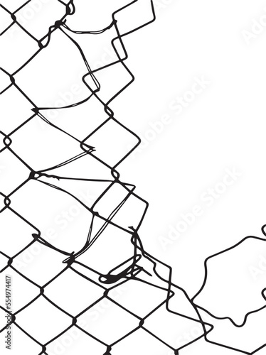 torn wire fence. seamless chain link fence. industrial fence on a white background isolated