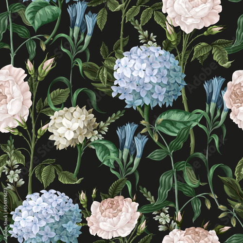 Seamless pattern with hydrangeas and roses. Vector.
