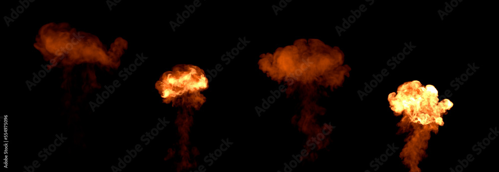 Four various flaming mushroom bursts, isolated - object 3D rendering