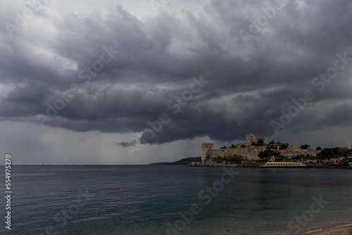 Strong storm, calm sea behind Bodrum castle in Mugla, Bodrum.