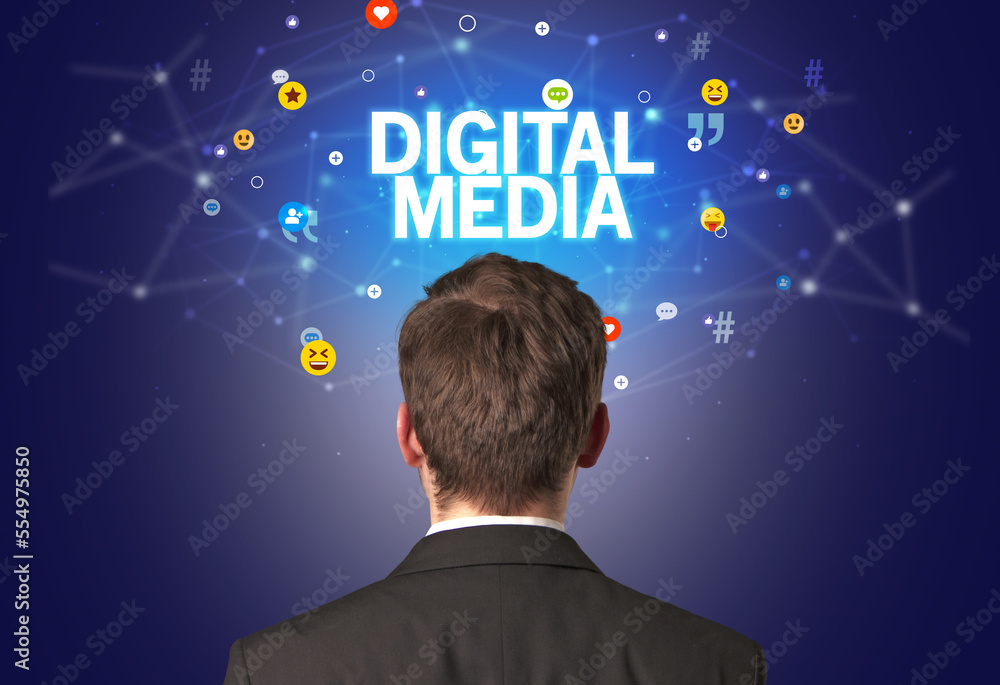 Rear view of a businessman, social media concept Rear view of a businessman, social media concept