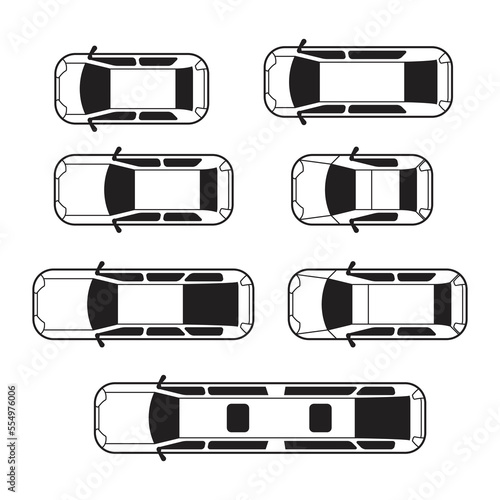 Car icon set, view from above, black isolated on white background, vector illustration.
