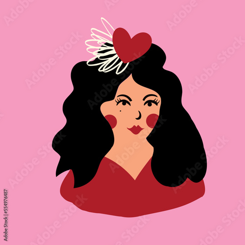 lovable postcard with an elegant girl in a hat for Valentine's Day, stylized as retro-vintage. Vector illustration