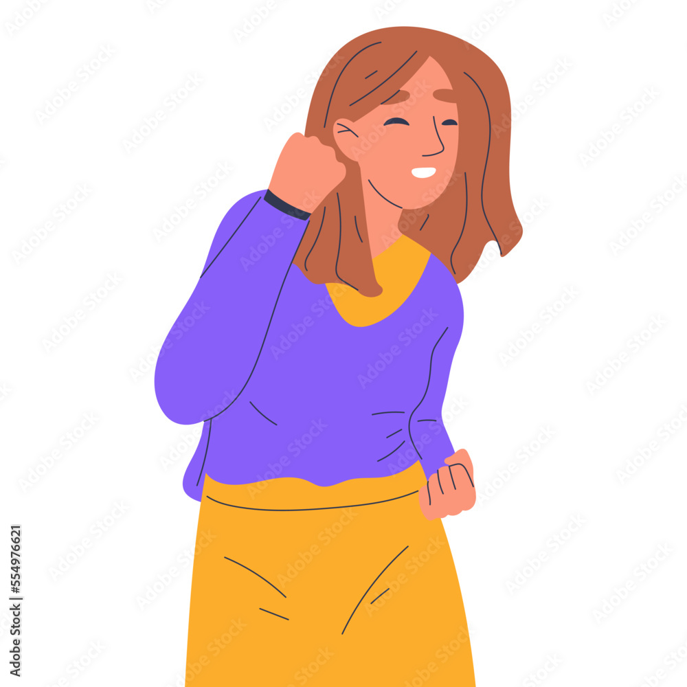 Cartoon woman with victory triumph emotion. Successful female character enjoy spoils of victory, happy person celebrating win flat vector illustration isolated on white background Cartoon woman with victory triumph emotion. Successful female character enjoy spoils of victory, happy person celebrating win flat vector illustration isolated on white background