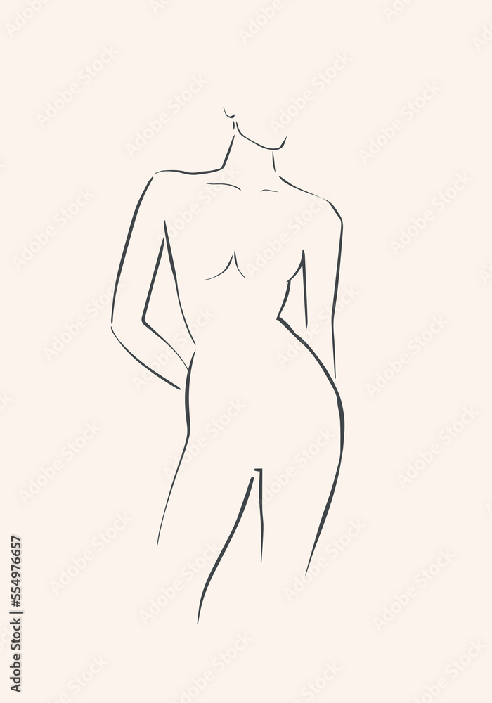 Fototapeta premium Simple hand drawn trendy line silhouette woman. Modern minimalism art, aesthetic contour. Abstract women's silhouette, minimalist style. Scandinavian print 