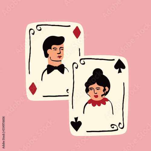 Playing cards with Jack and Queen of Spades. Valentines Day illustration in modern groovy doodle style