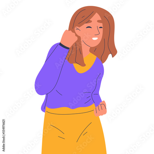 Cartoon woman with victory triumph emotion. Successful female character enjoy spoils of victory, happy person celebrating win flat vector illustration isolated on white background