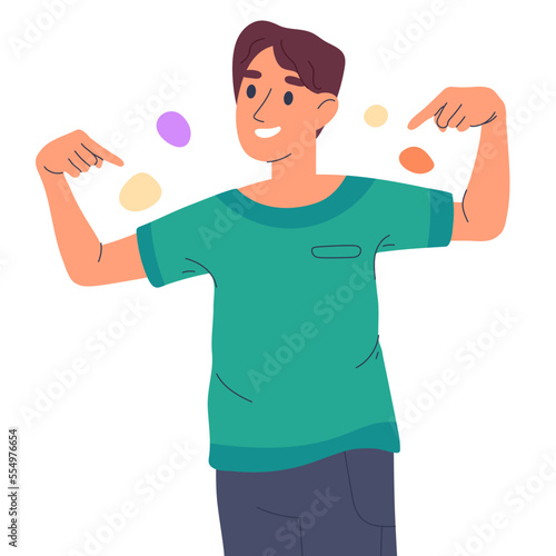 Male character pointing to himself. Man indicating and pointing to smith with index fingers flat cartoon vector illustration on white background