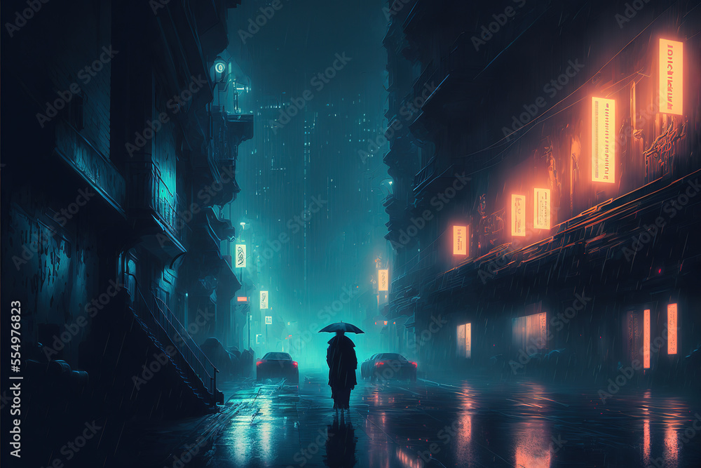 Cyberpunk streets, futuristic city, wallpaper, rain, foggy, dystopia, moody empty future, art illustration