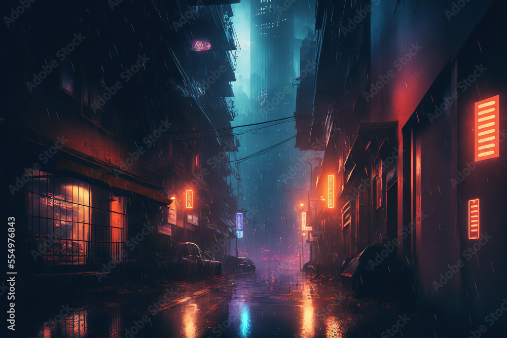 Cyberpunk streets illustration, futuristic city, dystoptic artwork at  night, 4k wallpaper. Rain foggy, moody empty future Stock Illustration