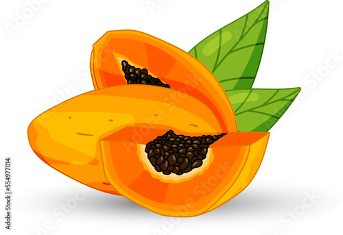 Set of isolated slices of papaya and leaves. Cartoon flat style, vector illustration.