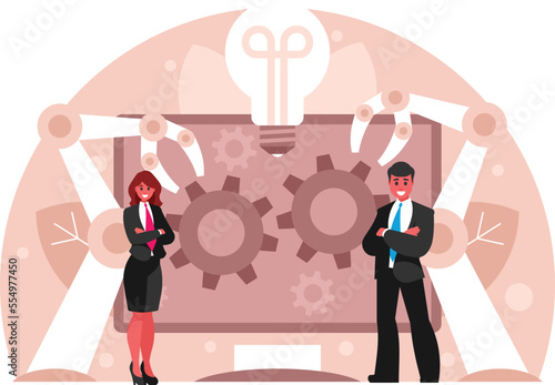 Creation of new ideas. Automation business processes. Project management, software development. Work organization. Automated business system concept with computer that builds robot arms. Vector