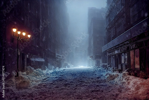 Apocalyptic view along a street in a virtual city during morning in the winter, showing empty street, one street light, snow and urban architecture, created with Generative AI technology © Zoran Karapancev