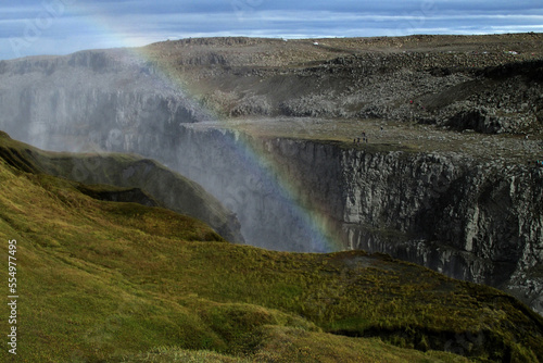 Big waterfall in iceland with beautiful rainbow