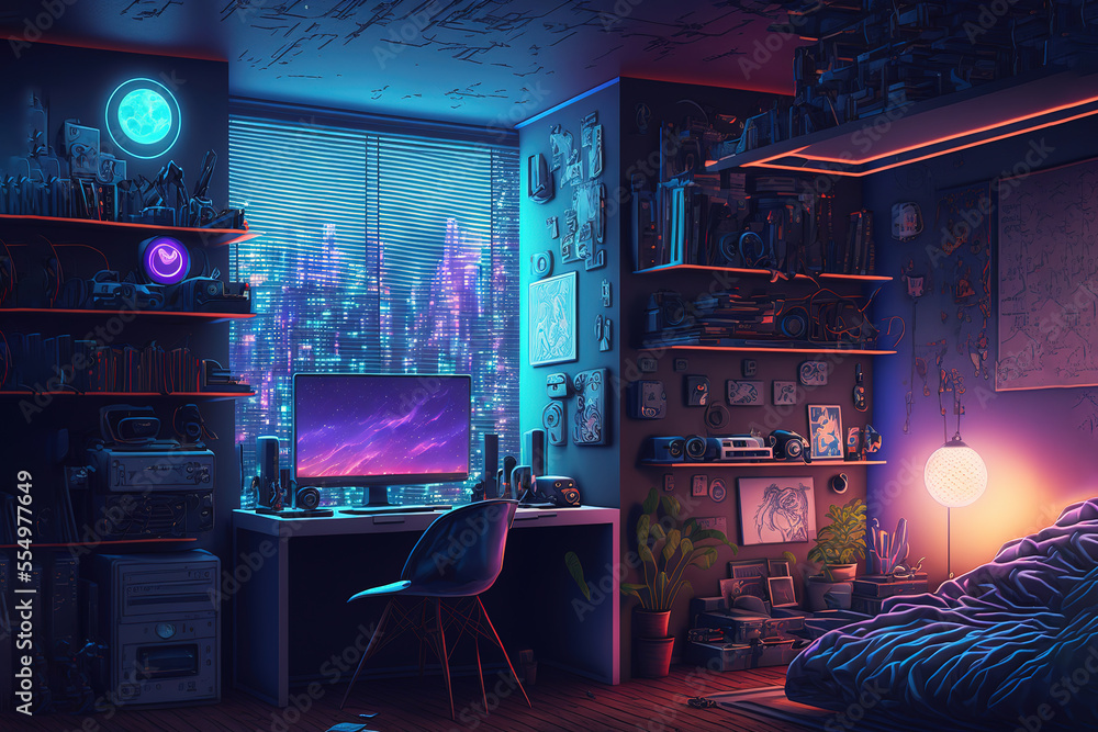 futuristic guy room in cyberpunk dystopia, concept art illustration Stock Illustration | Adobe Stock