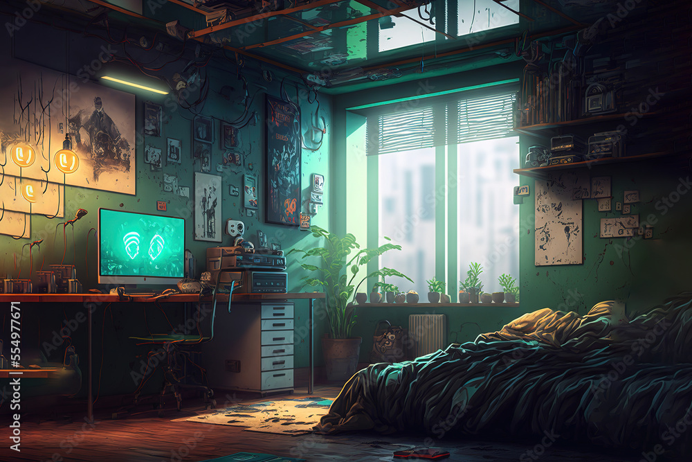 futuristic guy room in cyberpunk dystopia, concept art illustration ...
