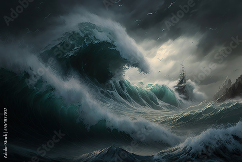 Illustration of a storm in the middle of the ocean with huge waves and grey sky  art illustration
