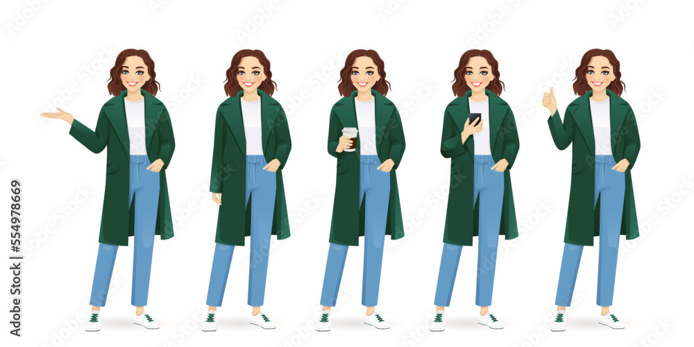 Obraz premium Young beautiful woman in green coat. Winter or autumn clothes isolated vector illustration