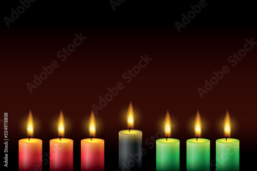 Happy kwanzaa. Vector web banner, poster, card for social media, networks. Seven lighted candles with flames on a dark background with place for text.