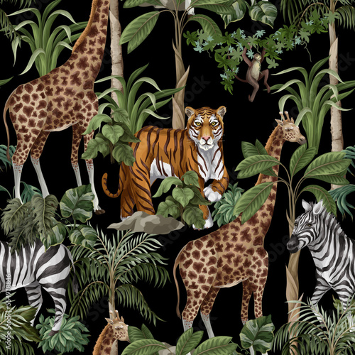 Seamless pattern with wild animals and jungle trees for kids. Vector.