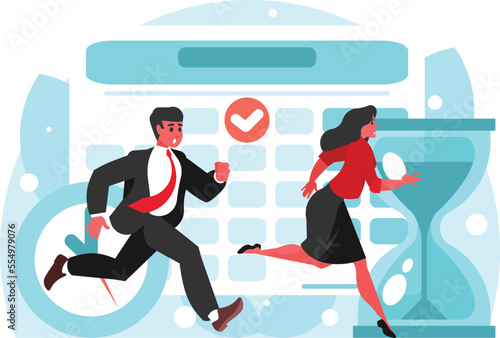 Running business people. Planning strategy and time management. Deadline concept. Late people. Vector graphics