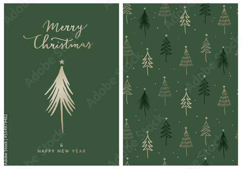 Set Of Two Holiday Vector Designs With Hand Drawn Simple Christmas Trees. Elegant Greeting Card With Gold Elements And Seamless Pattern On Dark Green Background. Handwritten Christmas Wishes.