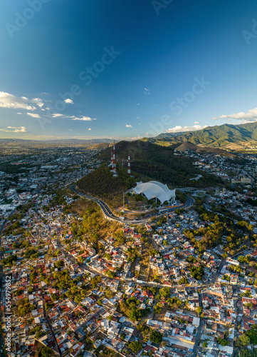 Aerial view of Auditorio Guelaguetza on a hillside (Fortine Hill) above the city of Oaxaca in Mexico.