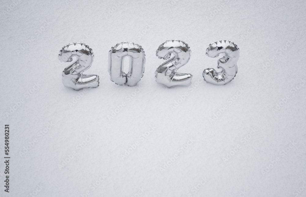 Silver numbers 2023 on a background of white snow in winter. Copy space. Concept of the New Year Silver numbers 2023 on a background of white snow in winter. Copy space. Concept of the New Year