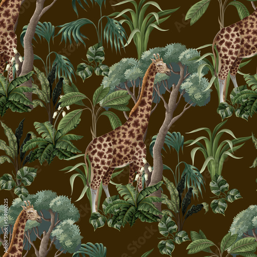 Seamless pattern with giraffe and jungle trees. Vector.