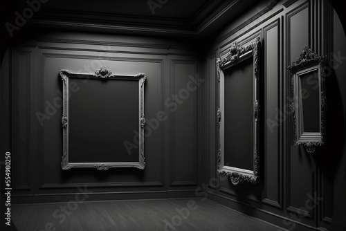 Black Room with frames, blank frames, gallery | Generative AI