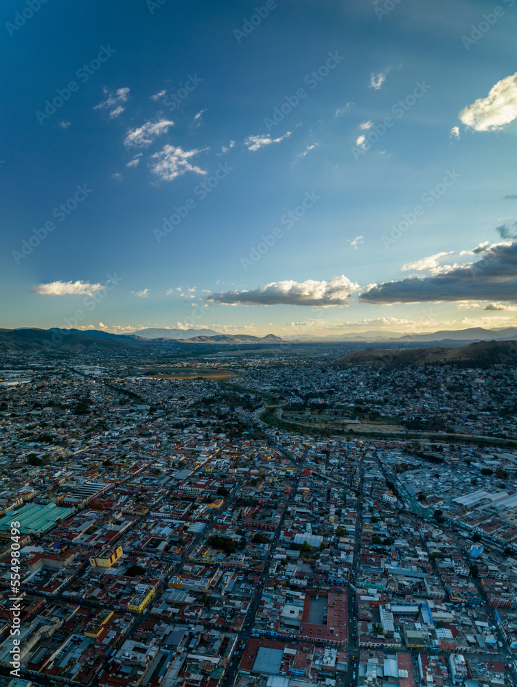 Beautiful aerial view of the mountains of Oaxaca at sunset in Mexico.
