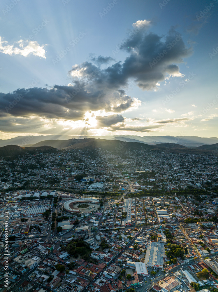 Beautiful aerial view of the mountains of Oaxaca at sunset in Mexico.