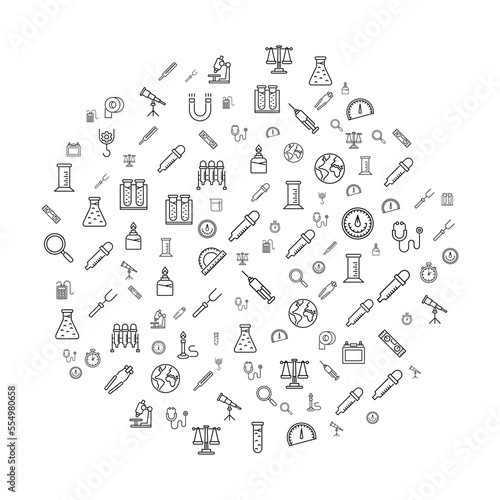 Laboratory equipment concept in circle with clean and simple icons, Infographic idea of making creative products. Template for website banner, flyer and poster.