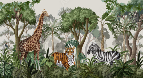 Jungle landscape with wild animals for kids. Vector.